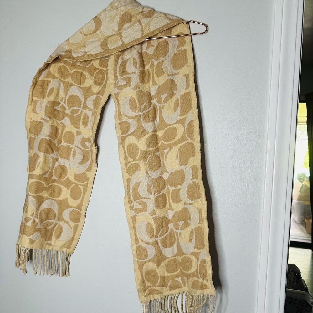 COACH Tan Ivory C Monogram 100% Merino Wool Fringe Detail Wool Winter Scarf - Picture 2 of 8